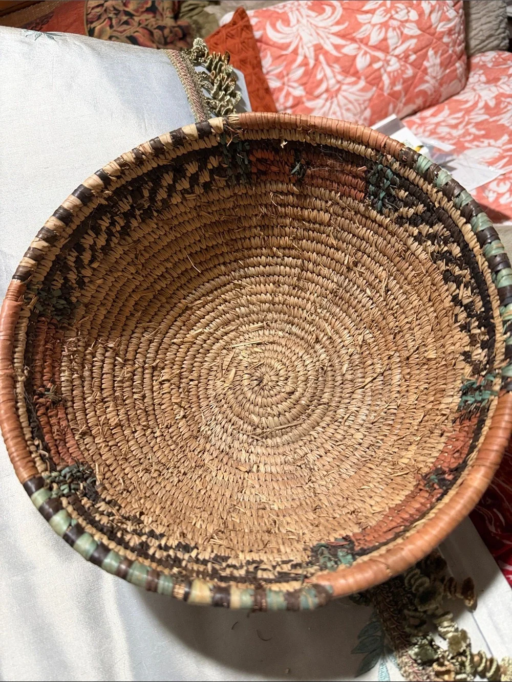 Handwoven Natural and Brown turquoise orange Basket very beautiful color